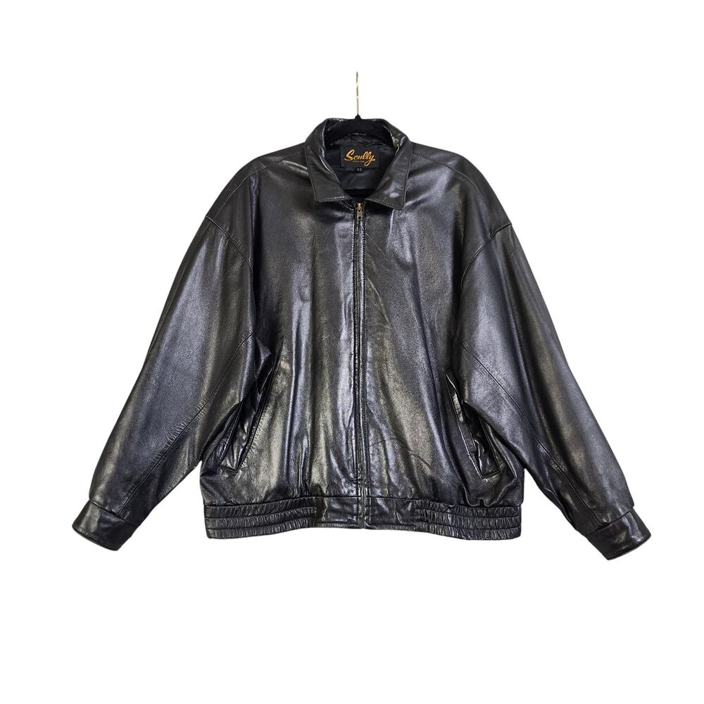 Scully Mens Vintage Leather Jacket Size 42‎ Black Soft Leather Smocked Waistband